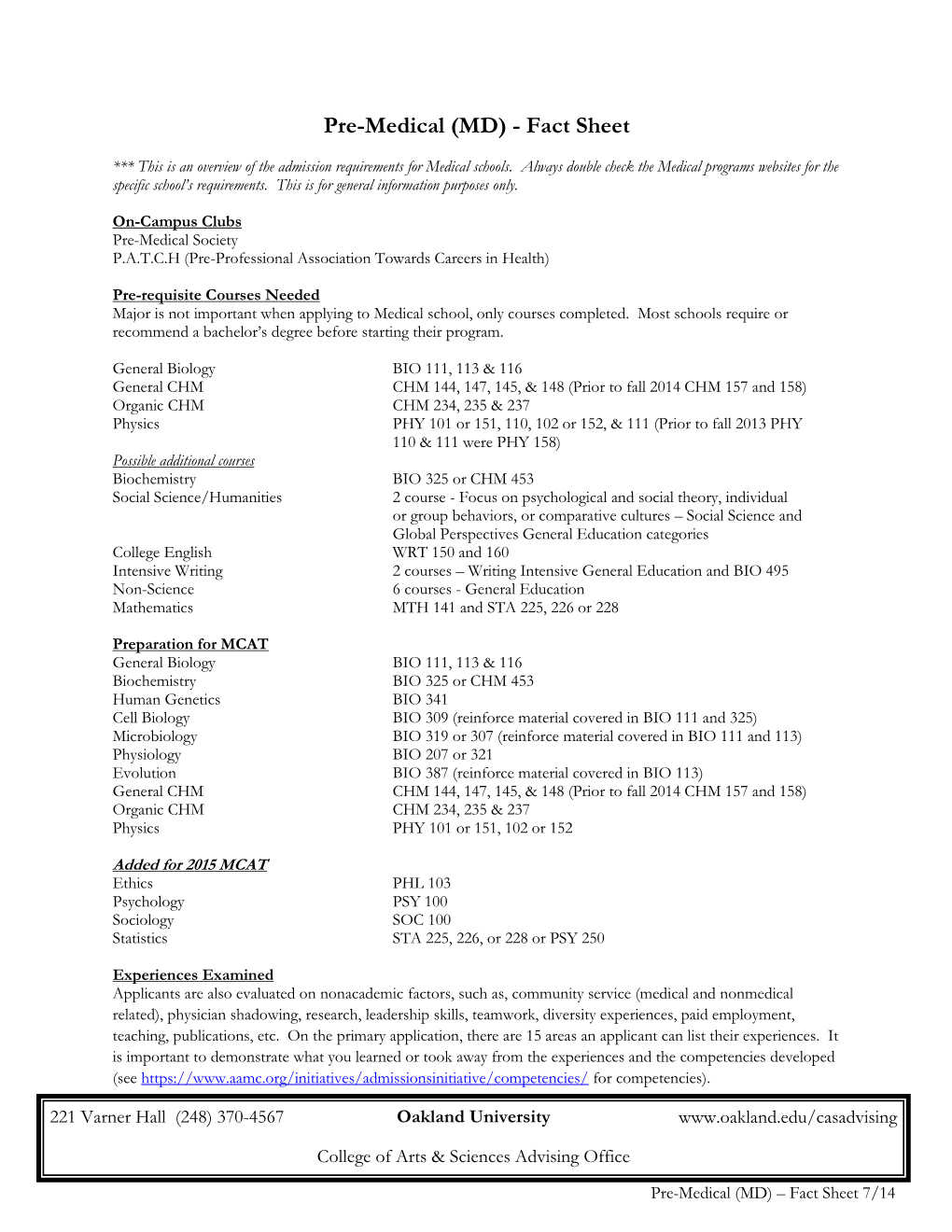 Pre-Medical (MD) - Fact Sheet