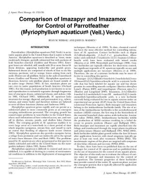 Comparison of Imazapyr and Imazamox for Control of Parrotfeather (Myriophyllum Aquaticum (Vell.) Verdc.)