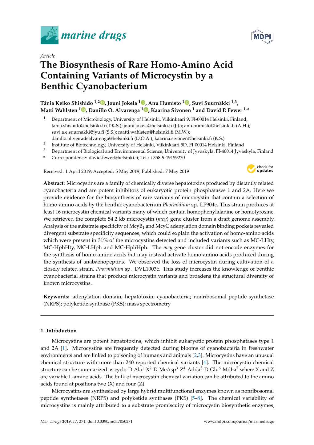 The Biosynthesis of Rare Homo-Amino Acid Containing Variants of Microcystin by a Benthic Cyanobacterium