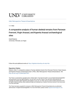 A Comparative Analysis of Human Skeletal Remains from Parowan Fremont, Virgin Anasazi, and Kayenta Anasazi Archaeological Sites
