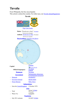 Tuvalu from Wikipedia, the Free Encyclopedia This Article Is About the Country