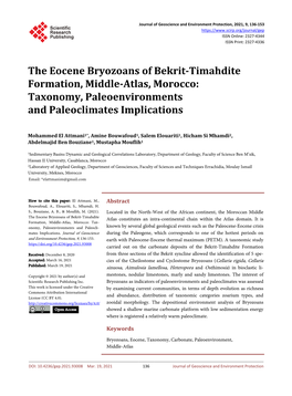 The Eocene Bryozoans of Bekrit-Timahdite Formation, Middle-Atlas, Morocco: Taxonomy, Paleoenvironments and Paleoclimates Implications