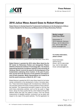 2016 Julius Wess Award Goes to Robert Klanner