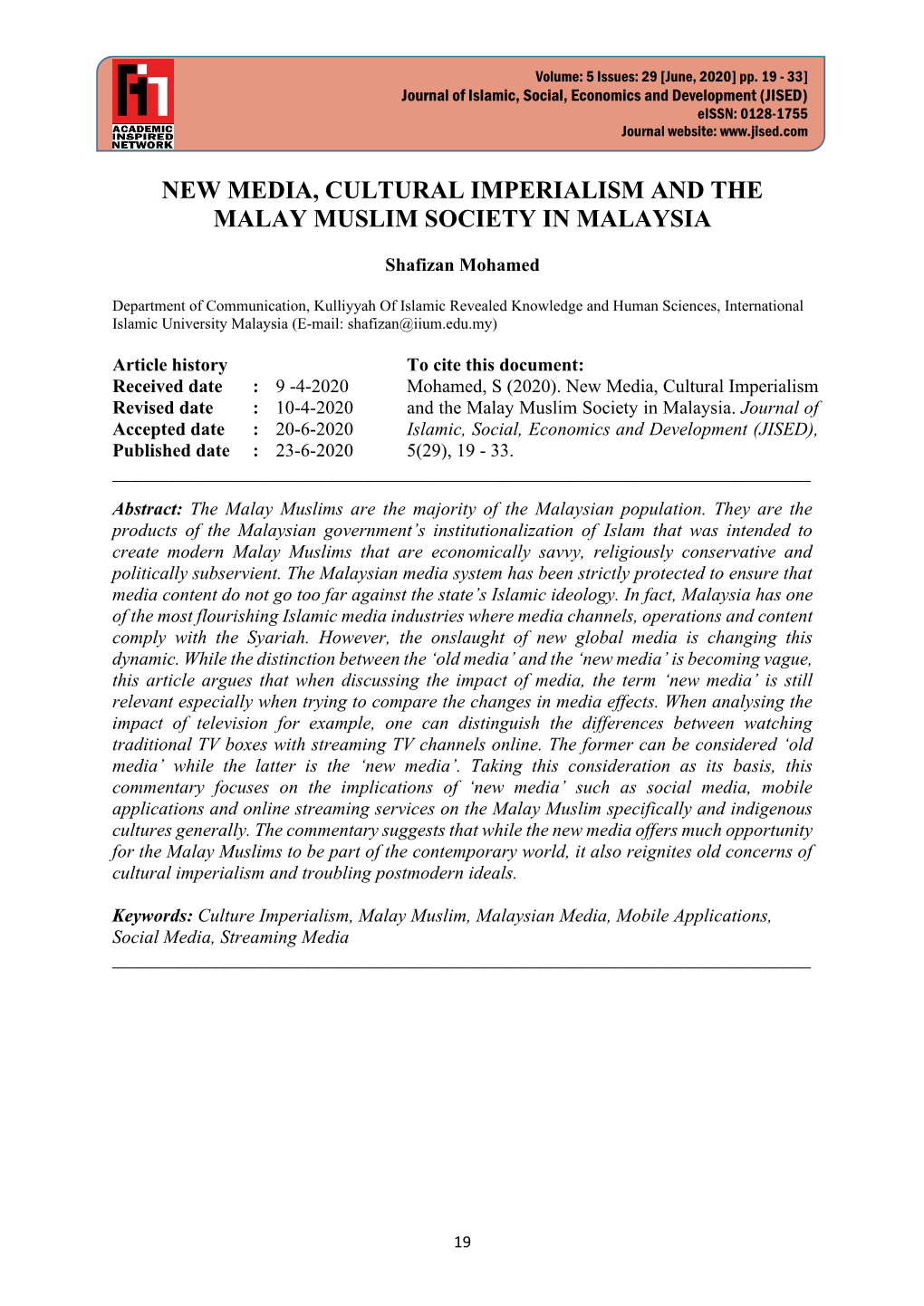 New Media, Cultural Imperialism and the Malay Muslim Society in Malaysia