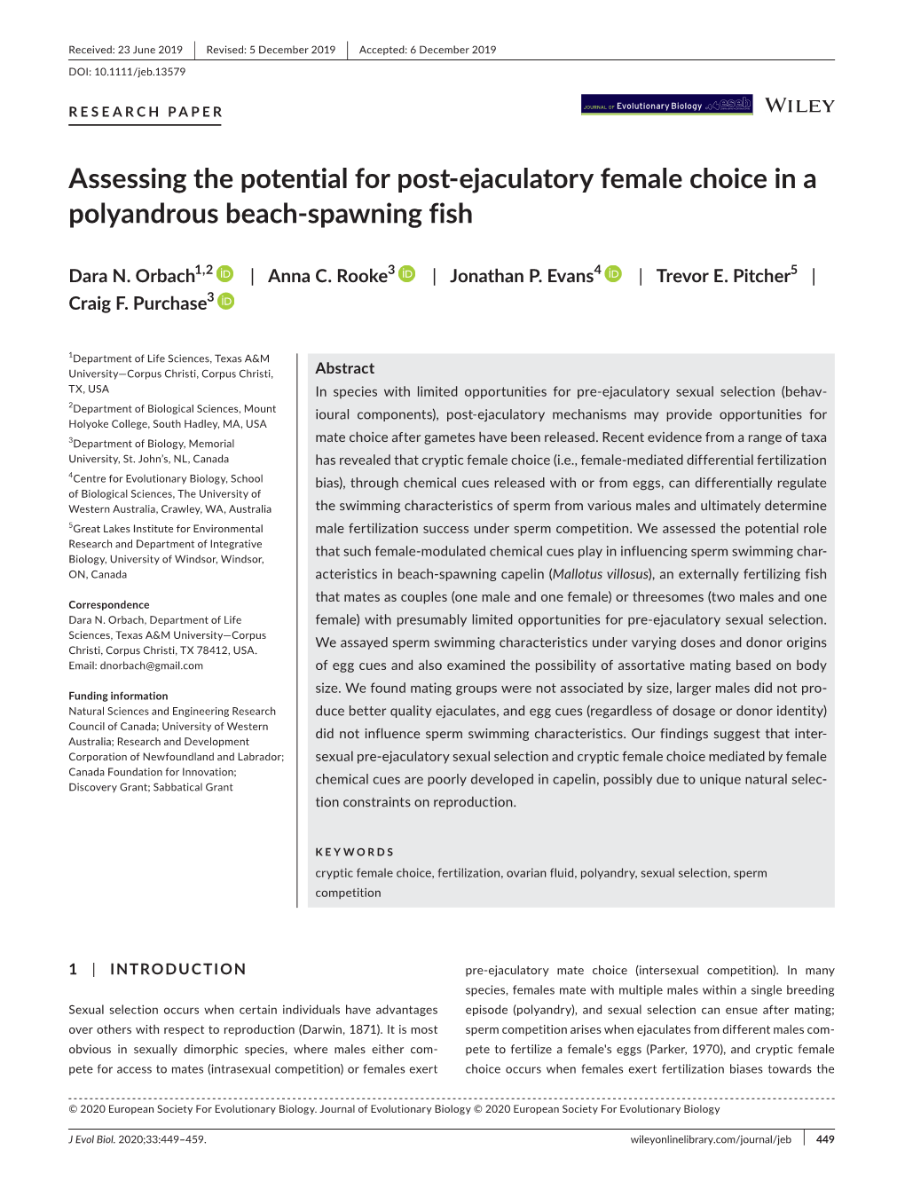 Assessing the Potential for Post-Ejaculatory Female Choice in a Polyandrous Beach-Spawning Fish