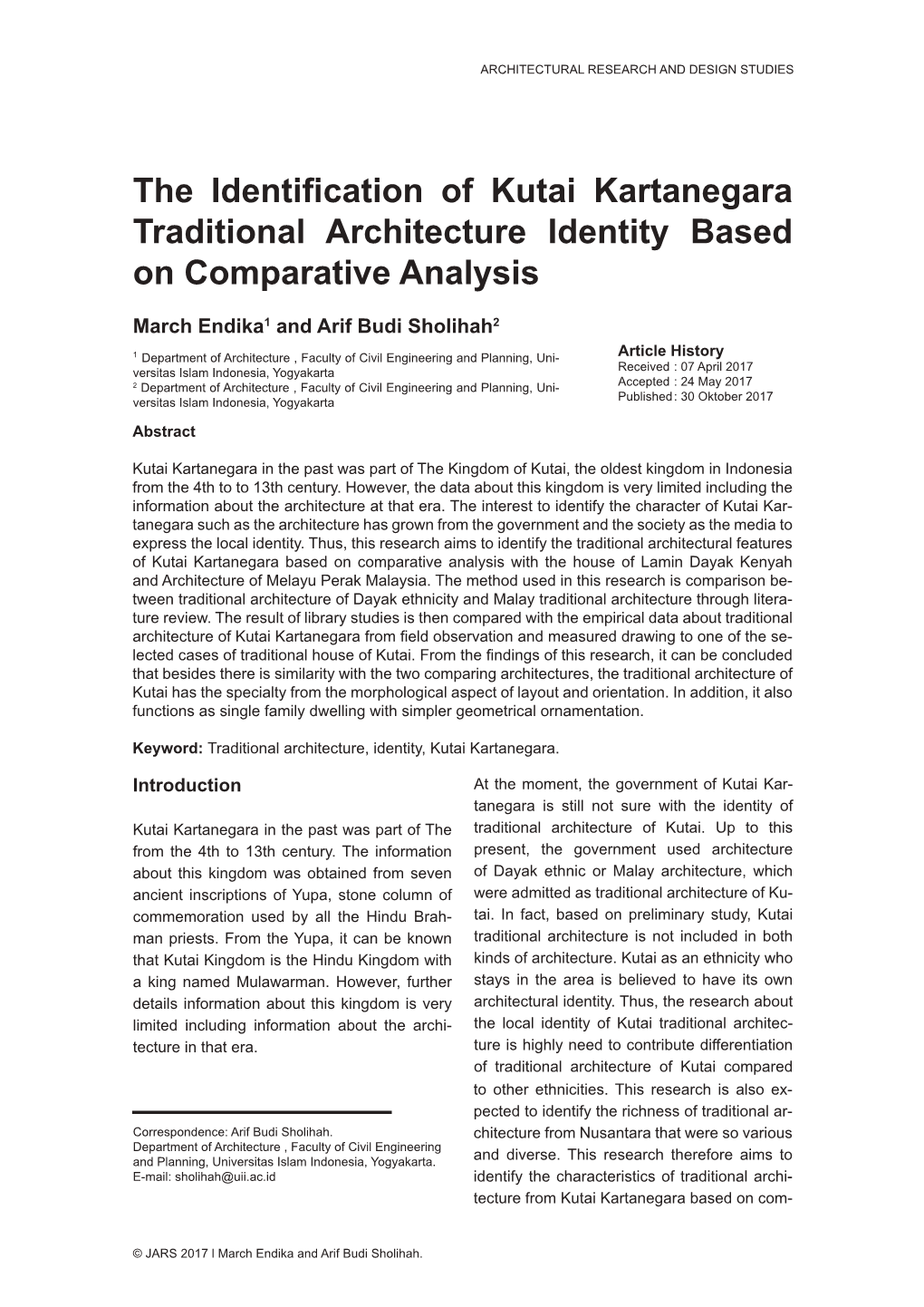The Identification of Kutai Kartanegara Traditional Architecture Identity Based on Comparative Analysis
