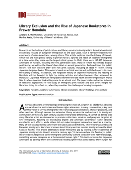 Library Exclusion and the Rise of Japanese Bookstores in Prewar Honolulu Andrew B