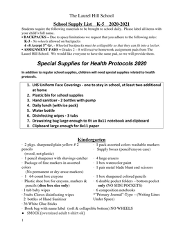 Special Supplies for Health Protocols 2020