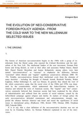 The Evolution of Neo-Conservative Foreign Policy Agenda - from the Cold War to the New Millennium Selected Issues