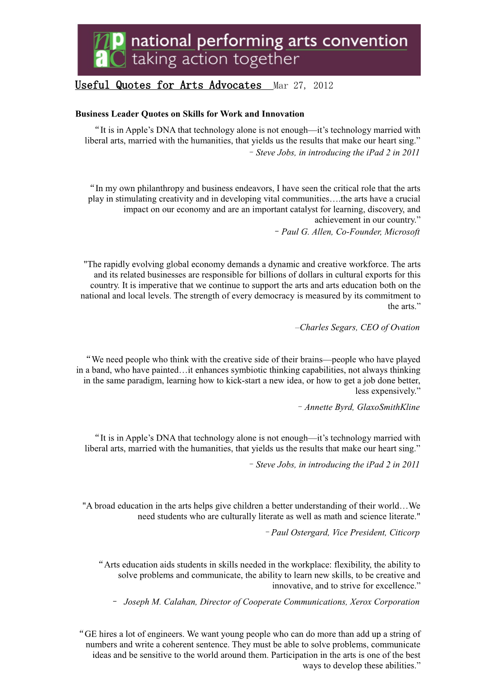 Useful Quotes for Arts Advocates Mar 27, 2012