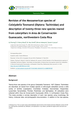 Diptera: Tachinidae) and Description of Twenty-Three New Species Reared from Caterpillars in Area De Conservación Guanacaste, Northwestern Costa Rica