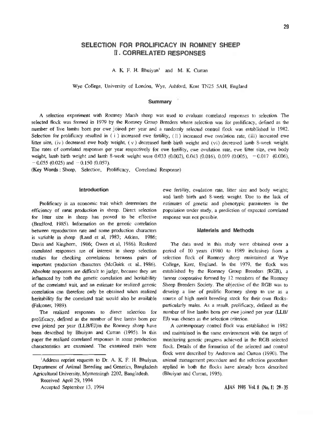 Selection for Pro니ficacy Sn Romney Sheep Ii. Correlated Responses