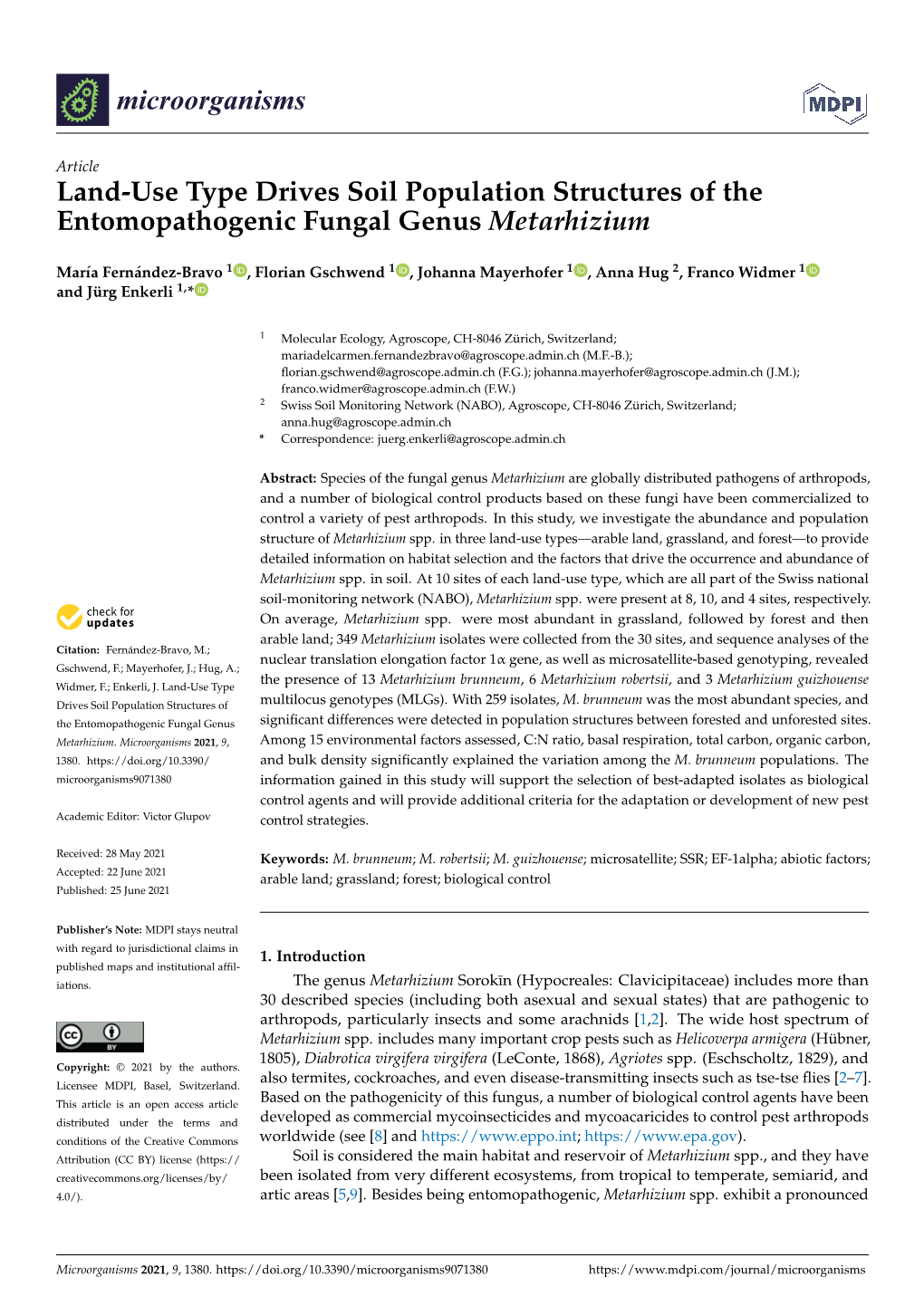 Land-Use Type Drives Soil Population Structures of the Entomopathogenic Fungal Genus Metarhizium