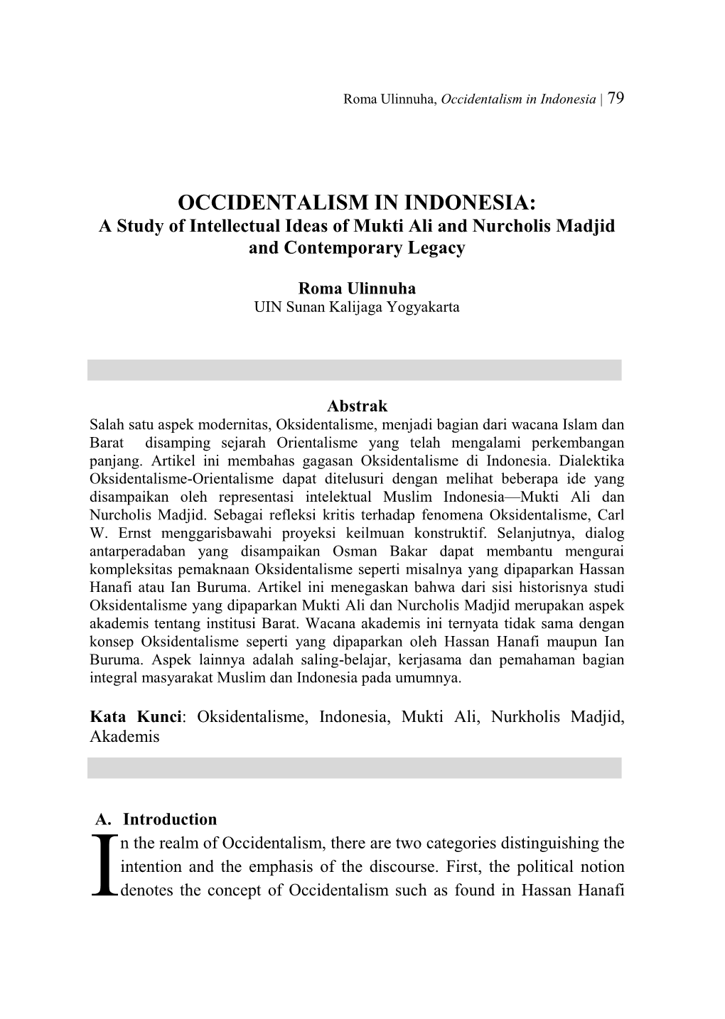 OCCIDENTALISM in INDONESIA: a Study of Intellectual Ideas of Mukti Ali and Nurcholis Madjid and Contemporary Legacy