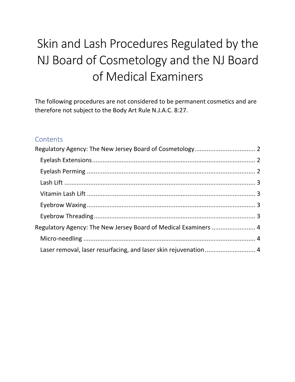 Skin and Lash Procedures Regulated by the NJ Board of Cosmetology and the NJ Board of Medical Examiners