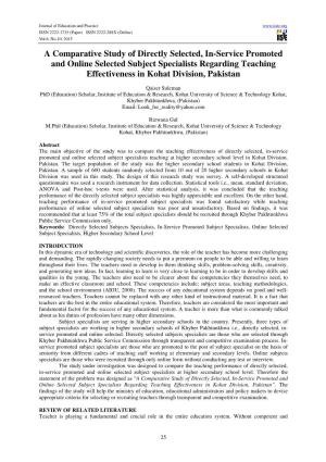 A Comparative Study of Directly Selected, In-Service Promoted and Online Selected Subject Specialists Regarding Teaching Effectiveness in Kohat Division, Pakistan