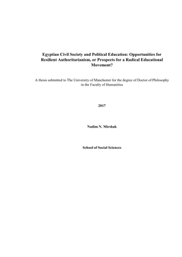 Egyptian Civil Society and Political Education: Opportunities for Resilient Authoritarianism, Or Prospects for a Radical Educational Movement?