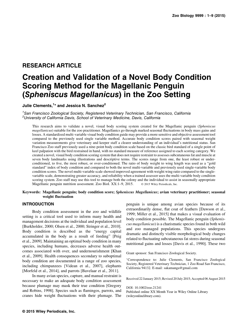 Creation and Validation of a Novel Body Condition Scoring Method for the Magellanic Penguin (Spheniscus Magellanicus) in the Zoo Setting