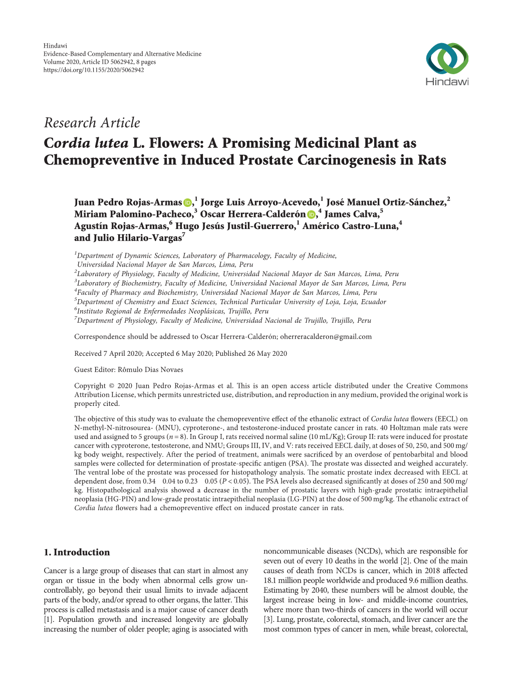 Cordia Lutea L. Flowers: a Promising Medicinal Plant As Chemopreventive in Induced Prostate Carcinogenesis in Rats