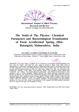The Study of the Physico - Chemical Parameters and Bacteriological Examination of Tural Acrothermal Spring, (Dist- Ratnagiri), Maharashtra, India