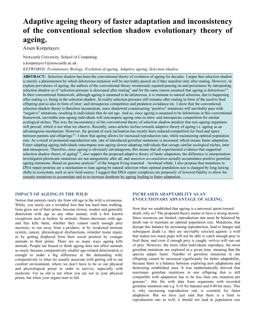 Adaptive Ageing Theory of Faster Adaptation and Inconsistency of the Conventional Selection Shadow Evolutionary Theory of Ageing