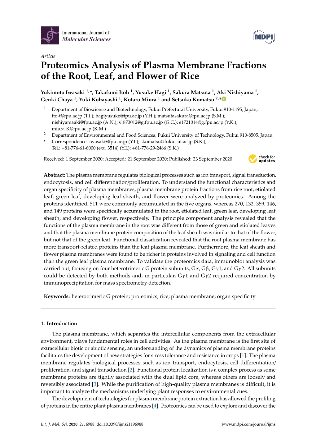 Proteomics Analysis of Plasma Membrane Fractions of the Root, Leaf, and Flower of Rice