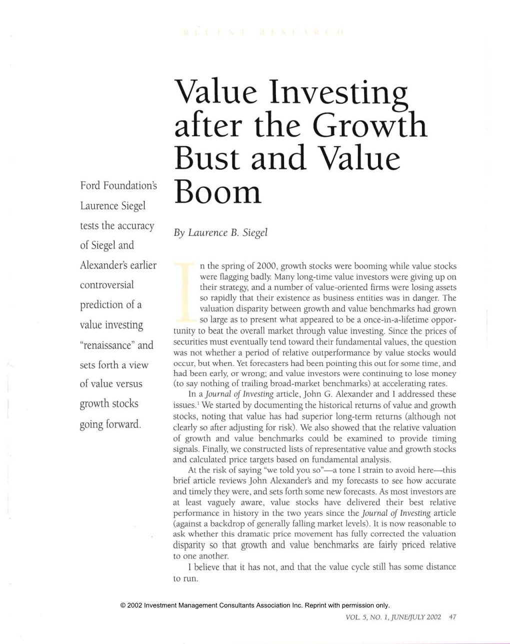 Value Investing After the Growth Bust and Value Boom