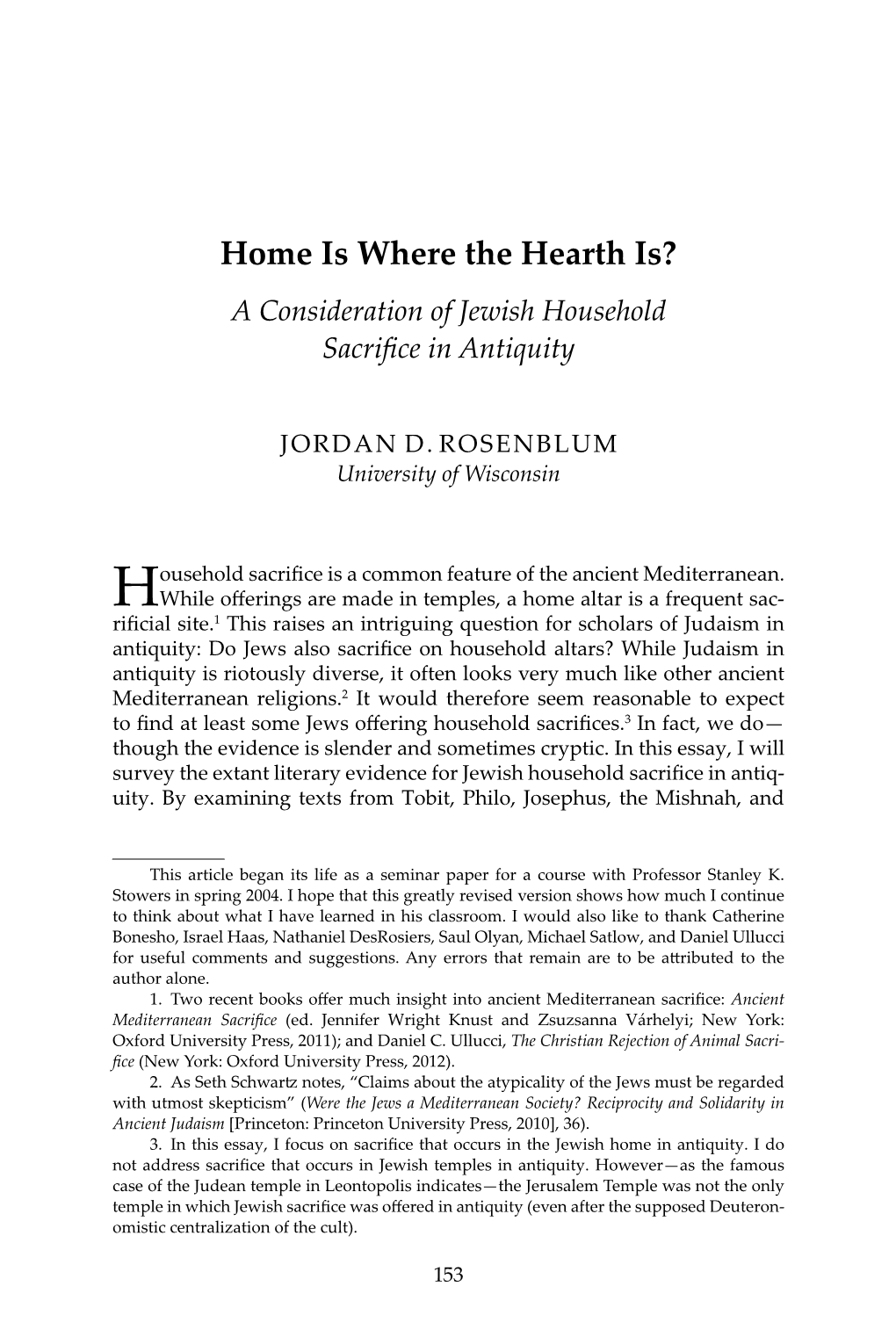 Home Is Where the Hearth Is? a Consideration of Jewish Household Sacrifice in Antiquity