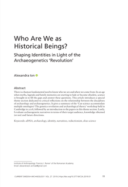 Who Are We As Historical Beings? Shaping Identities in Light of the Archaeogenetics ‘Revolution’