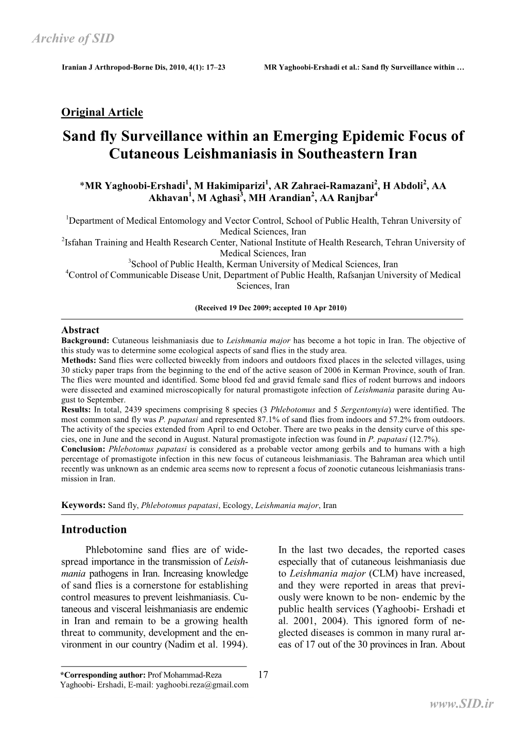 Sand Fly Surveillance Within an Emerging Epidemic Focus of Cutaneous Leishmaniasis in Southeastern Iran