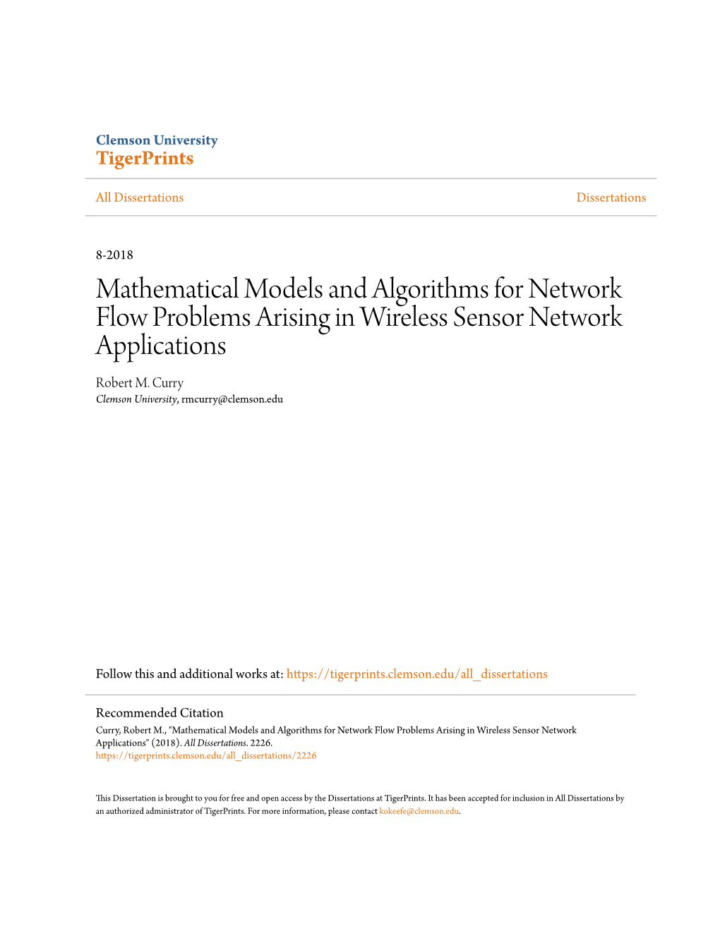 Mathematical Models and Algorithms for Network Flow Problems Arising in Wireless Sensor Network Applications Robert M