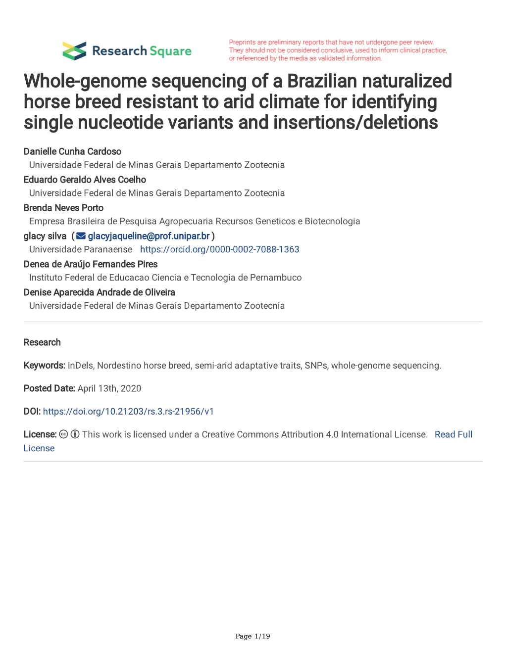 Whole-Genome Sequencing of a Brazilian Naturalized Horse Breed Resistant to Arid Climate for Identifying Single Nucleotide Variants and Insertions/Deletions