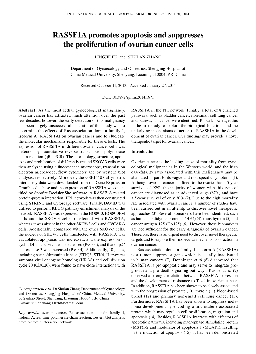 RASSF1A Promotes Apoptosis and Suppresses the Proliferation of Ovarian Cancer Cells