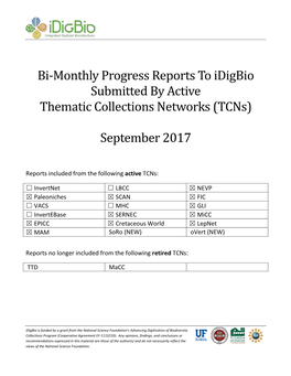 Bi-Monthly Progress Reports to Idigbio Submitted by Active Thematic Collections Networks (Tcns)