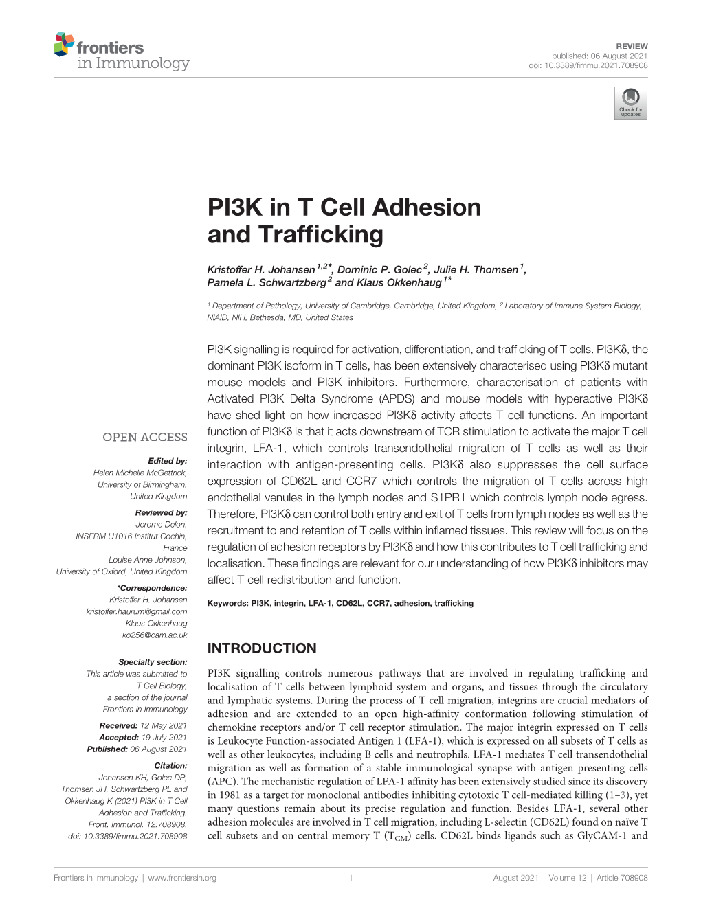 PI3K in T Cell Adhesion and Trafficking