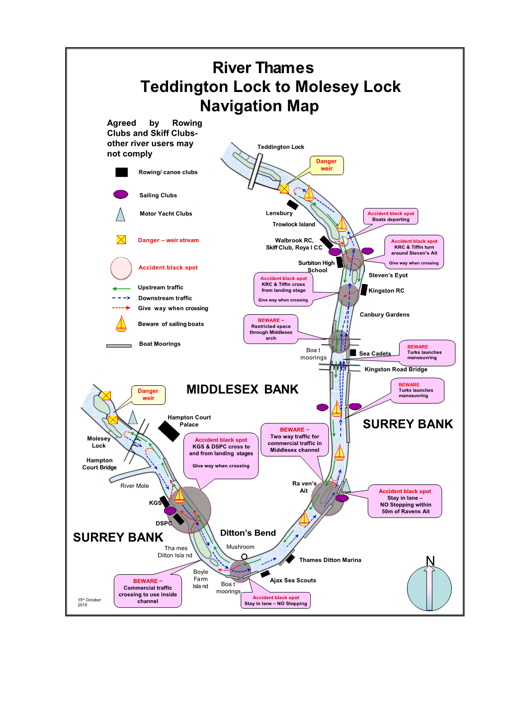 River Thames Teddington Lock to Molesey Lock Navigation Map Agreed by Rowing Clubs and Skiff Clubs