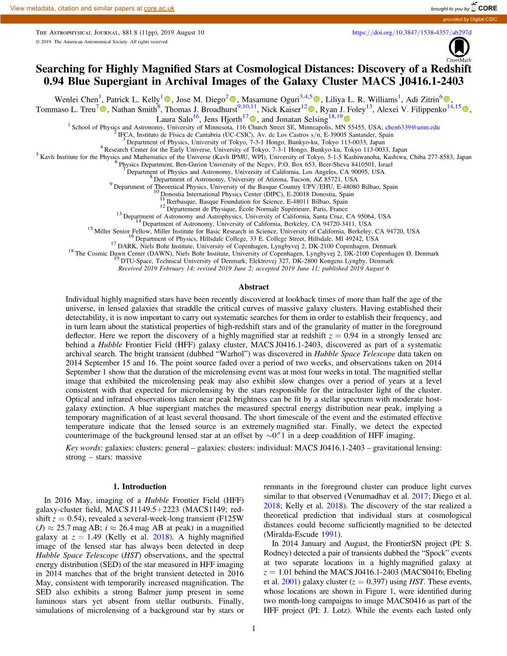 Discovery of a Redshift 0.94 Blue Supergiant in Archival Images of the Galaxy Cluster MACS J0416.1-2403