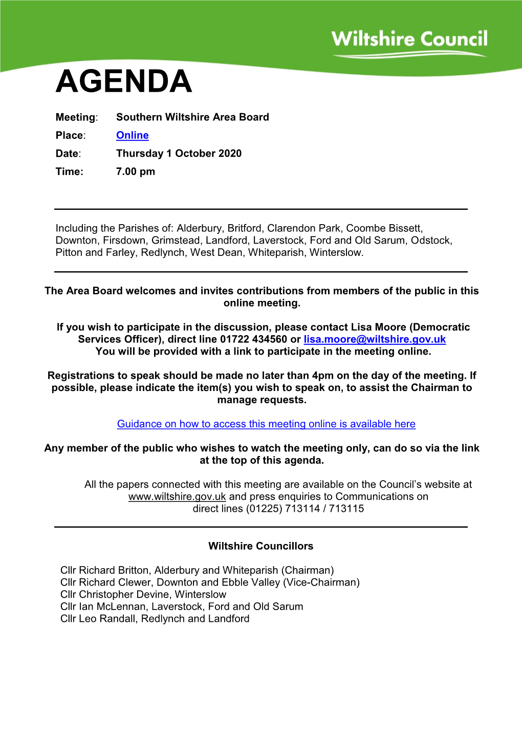 (Public Pack)Agenda Document for Southern Wiltshire Area Board, 01