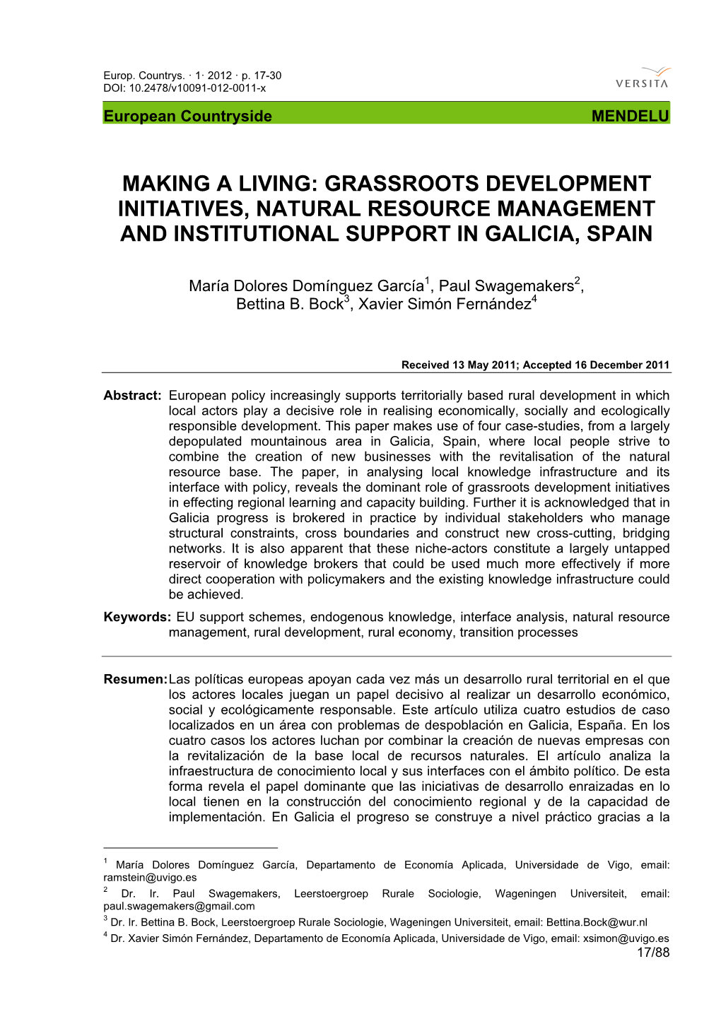 Grassroots Development Initiatives, Natural Resource Management and Institutional Support in Galicia, Spain