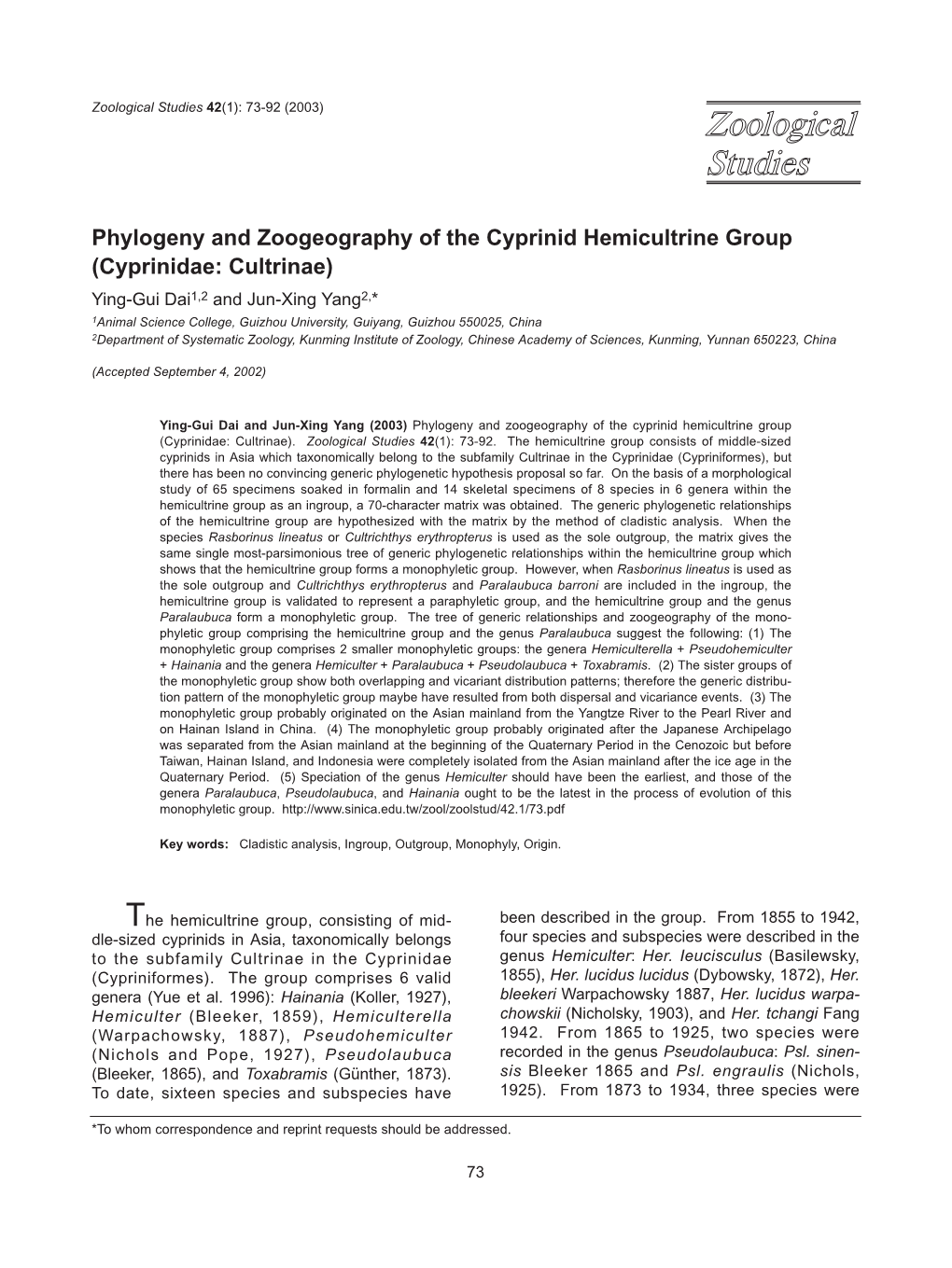 Phylogeny and Zoogeography of the Cyprinid