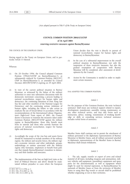 COUNCIL COMMON POSITION 2004/423/CFSP of 26 April 2004 Renewing Restrictive Measures Against Burma/Myanmar