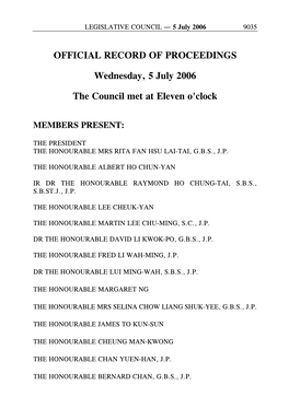 OFFICIAL RECORD of PROCEEDINGS Wednesday, 5 July