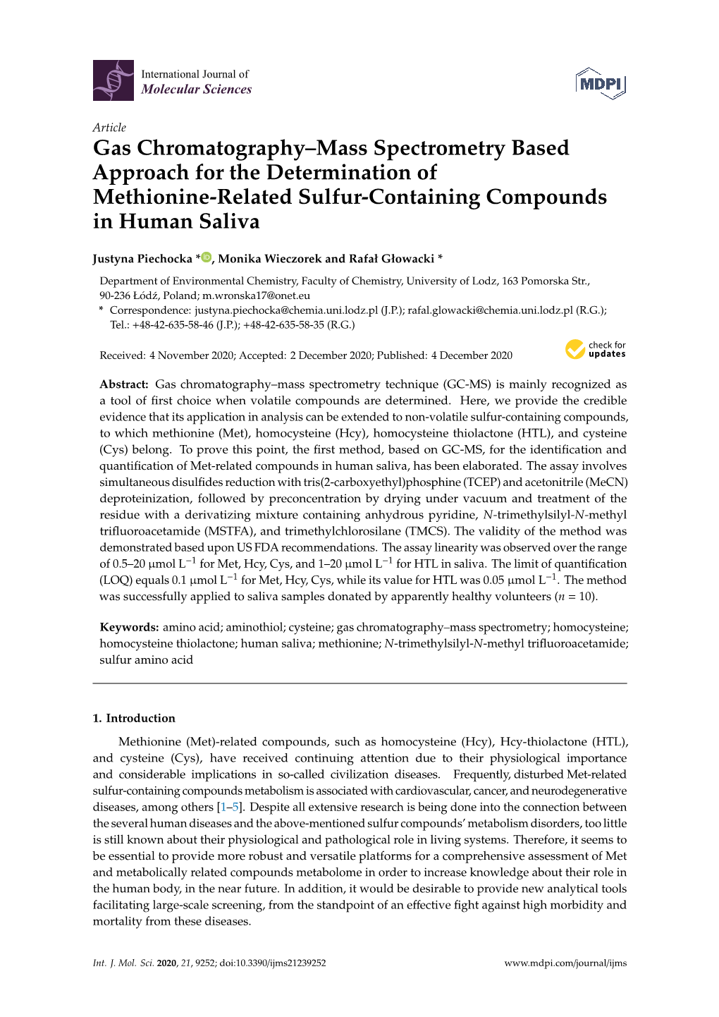 Gas Chromatography–Mass Spectrometry Based Approach for the Determination of Methionine-Related Sulfur-Containing Compounds in Human Saliva