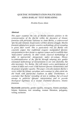 Qur'ānic Interpretation Politicized: Asma Barlas’ Text Rereading