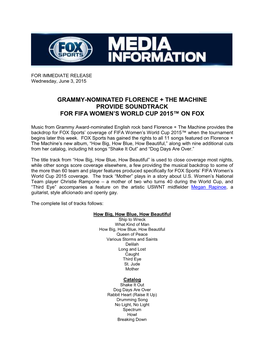 Grammy-Nominated Florence + the Machine Provide Soundtrack for Fifa Women’S World Cup 2015™ on Fox