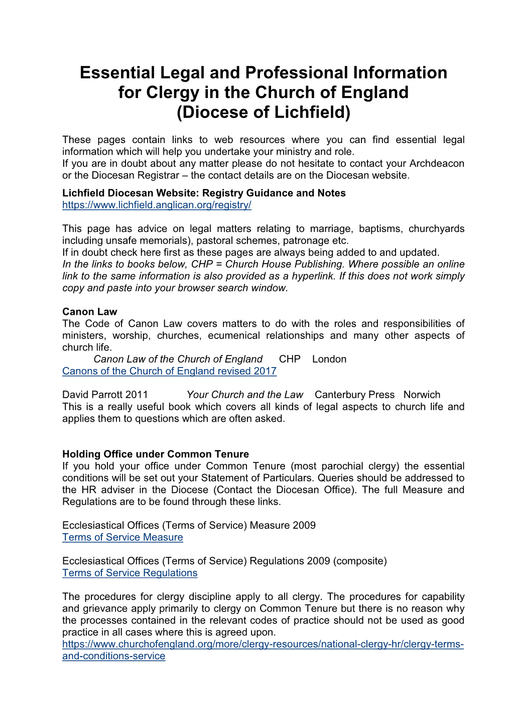 Essential Legal and Professional Information for Clergy in the Church of England (Diocese of Lichfield)