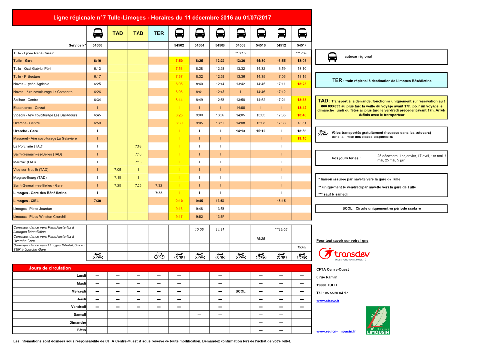 Ligne Régionale N°7 Tulle-Limoges - Horaires Du 11 Décembre 2016 Au 01/07/2017