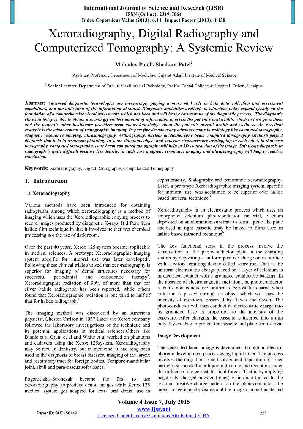 Xeroradiography, Digital Radiography and Computerized Tomography: a Systemic Review