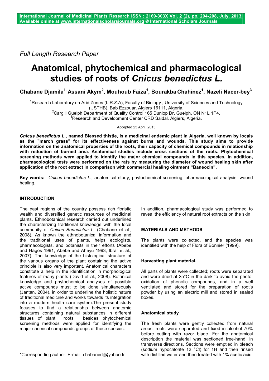 Anatomical, Phytochemical and Pharmacological Studies of Roots of Cnicus Benedictus L