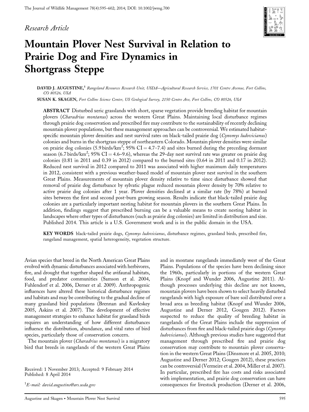 Mountain Plover Nest Survival in Relation to Prairie Dog and Fire Dynamics in Shortgrass Steppe